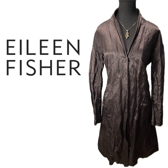 Eileen Fisher Black Italian Satin Crinkle Metallic Button Long Jacket Blazer M